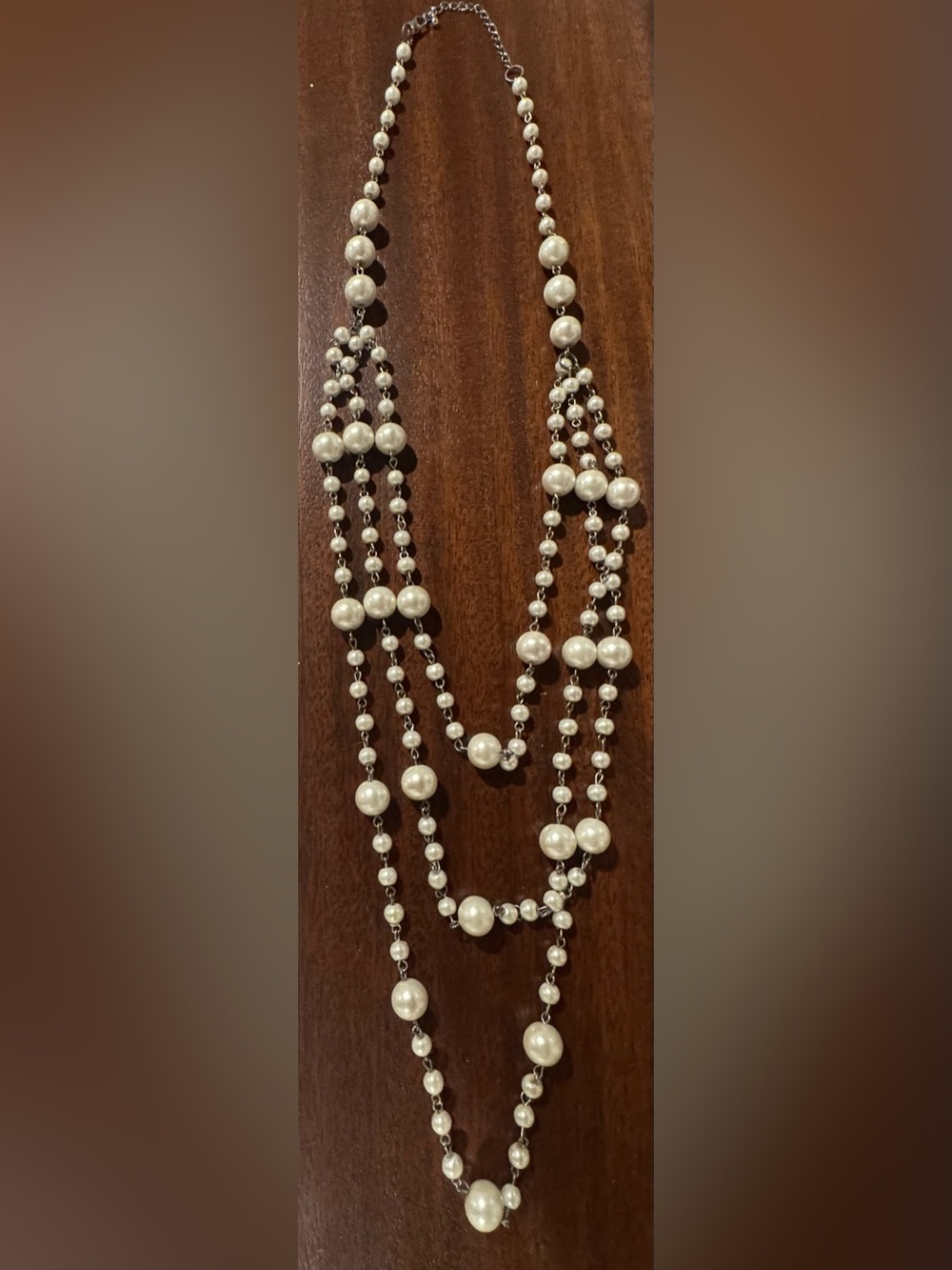 Modern-Vintage Style Multi-Strand Faux Pearls Station Necklace Silver Accents!